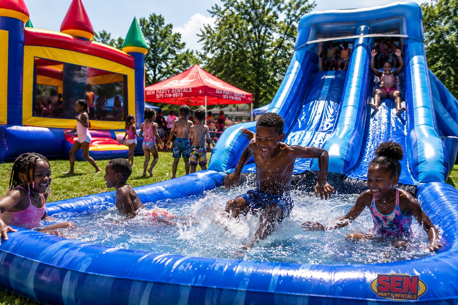 Children enjoying a blue Sen Party Rentals water slide